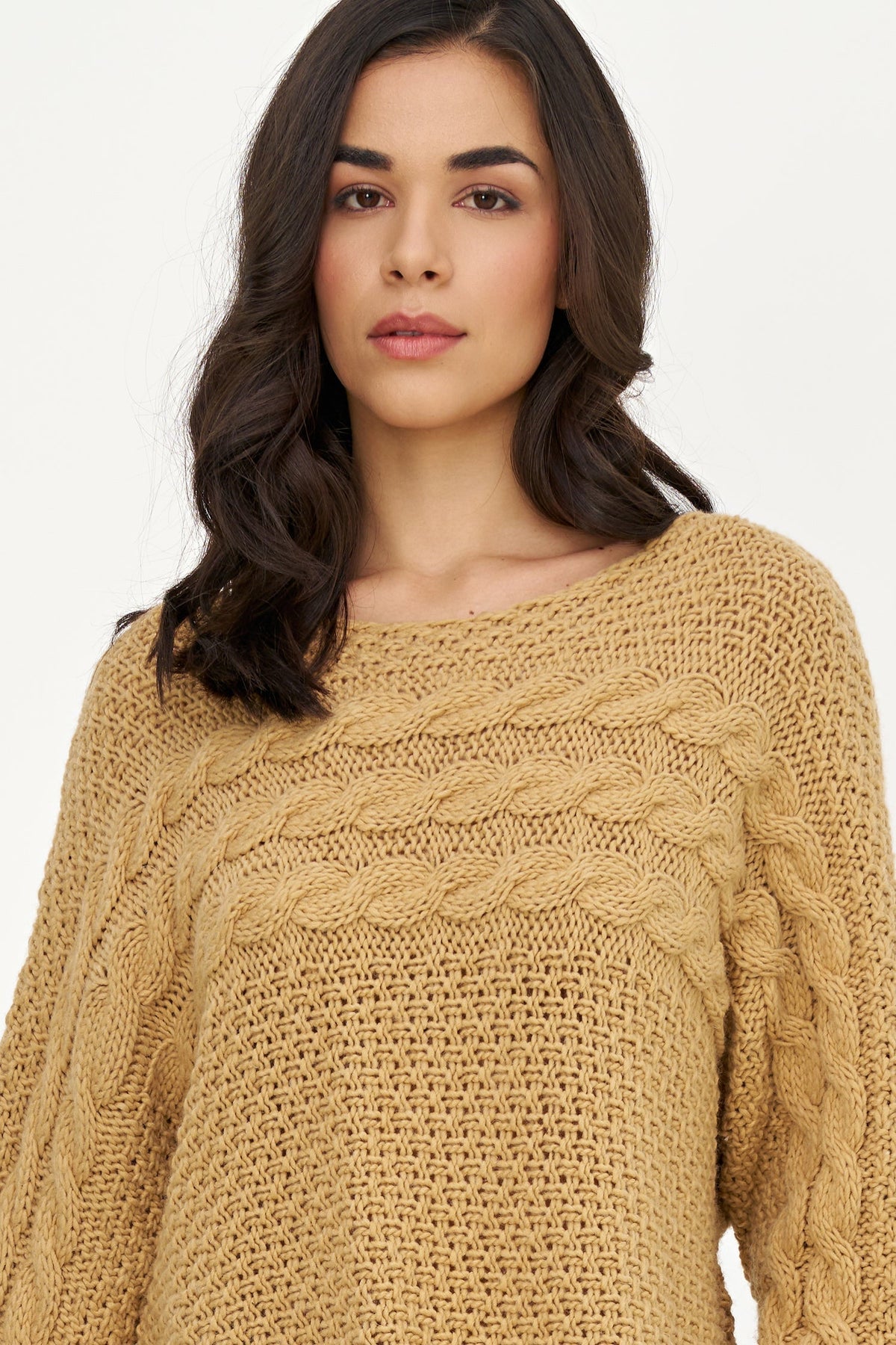 Women's Cable-Knit Scoop-Neck Sweater, Cuffed Sleeves & High-Low Hem