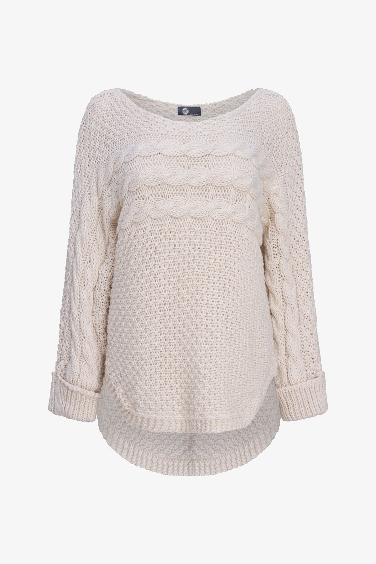 Women's Cable-Knit Scoop-Neck Sweater, Cuffed Sleeves & High-Low Hem