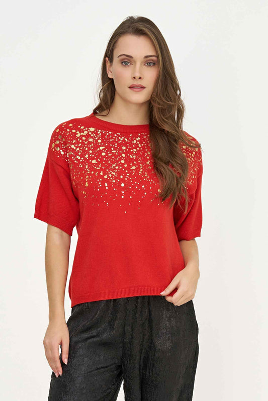 Women's Foil Polka-Dot Wide Crew-Neck Sweater, Elbow-Length Sleeves