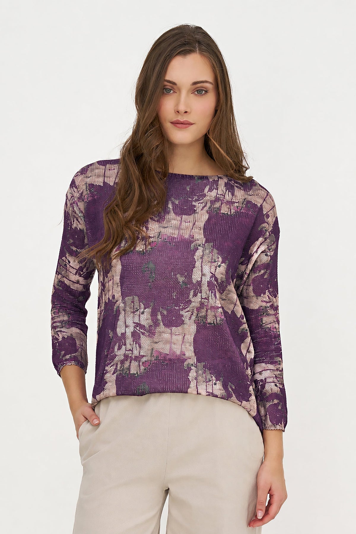 Women's Knit Printed Boat-Neck Sweater with Long Sleeves