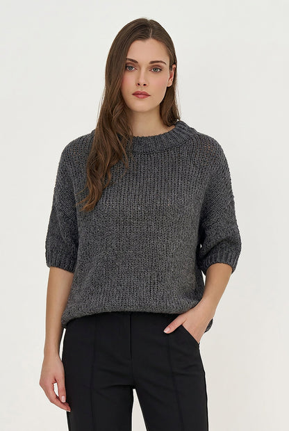Women's Knit Crew-Neck Sweater with Elbow-Length Sleeves