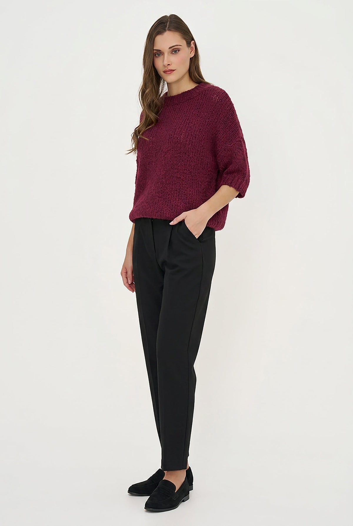 Women's Knit Crew-Neck Sweater with Elbow-Length Sleeves