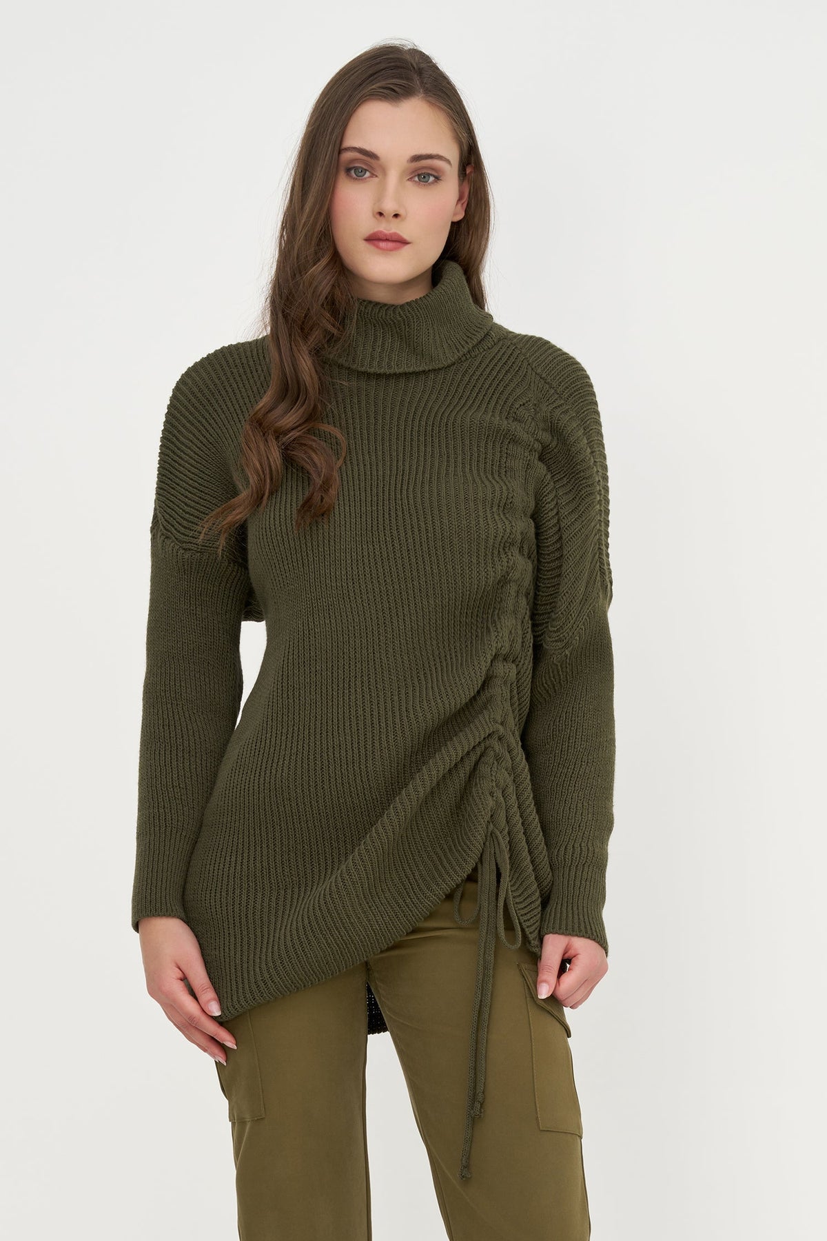 Women's Rib-Knit Turtleneck Tunic Sweater with Asymmetric Tie Front