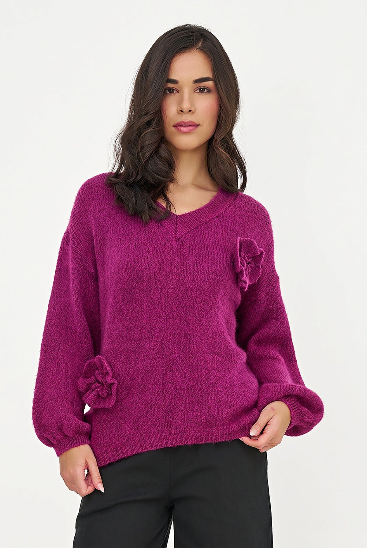 Women's Knit V-Neck Sweater, Long Sleeves & Flower Details