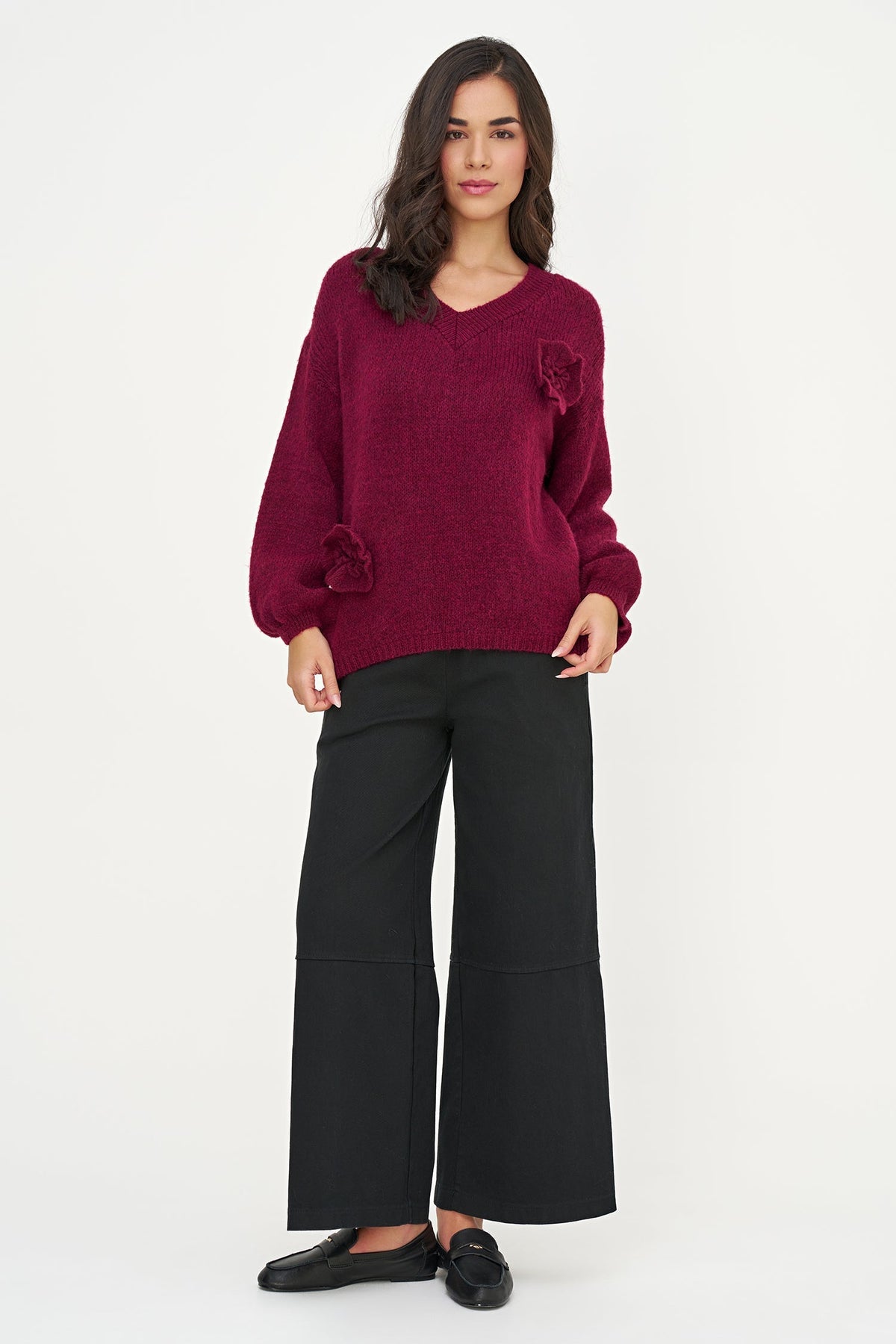 Women's Knit V-Neck Sweater, Long Sleeves & Flower Details