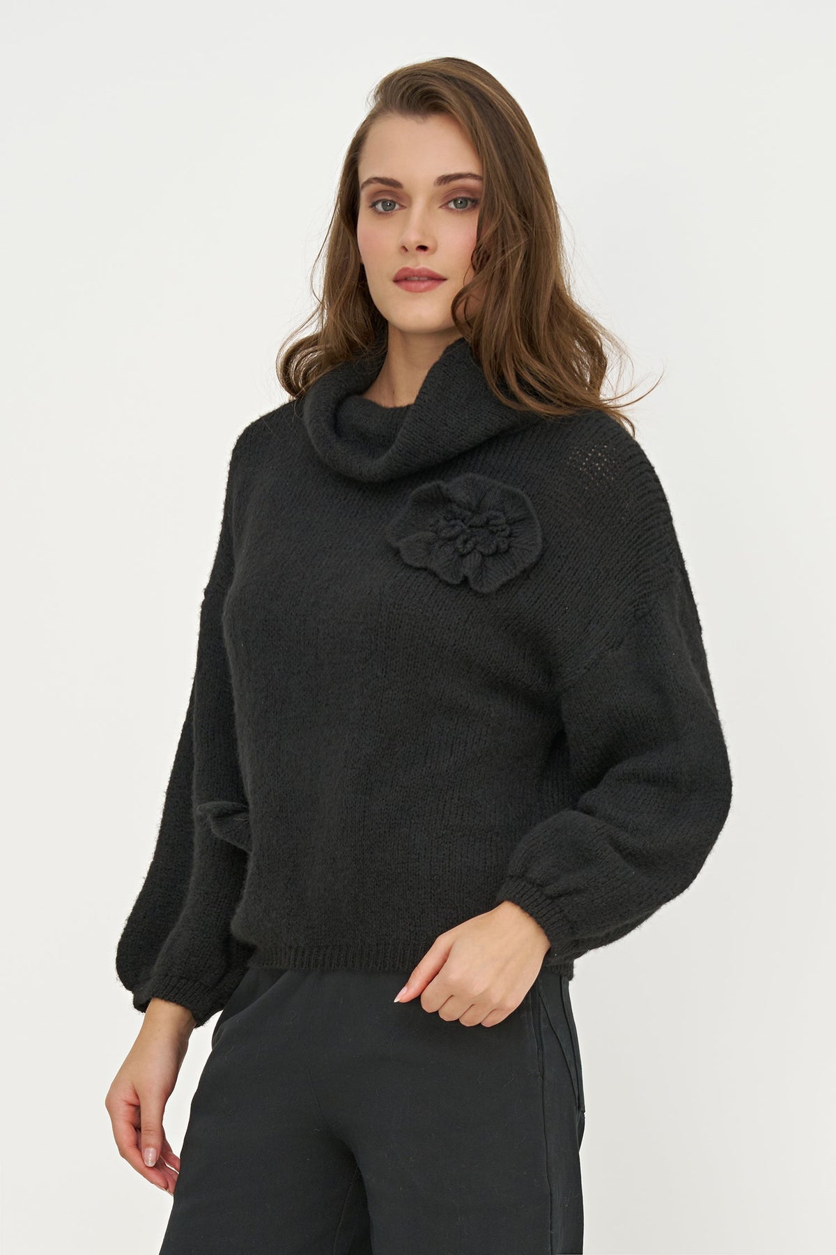 Women's Cowl Turtleneck Sweater, Long Sleeves & Flower Details