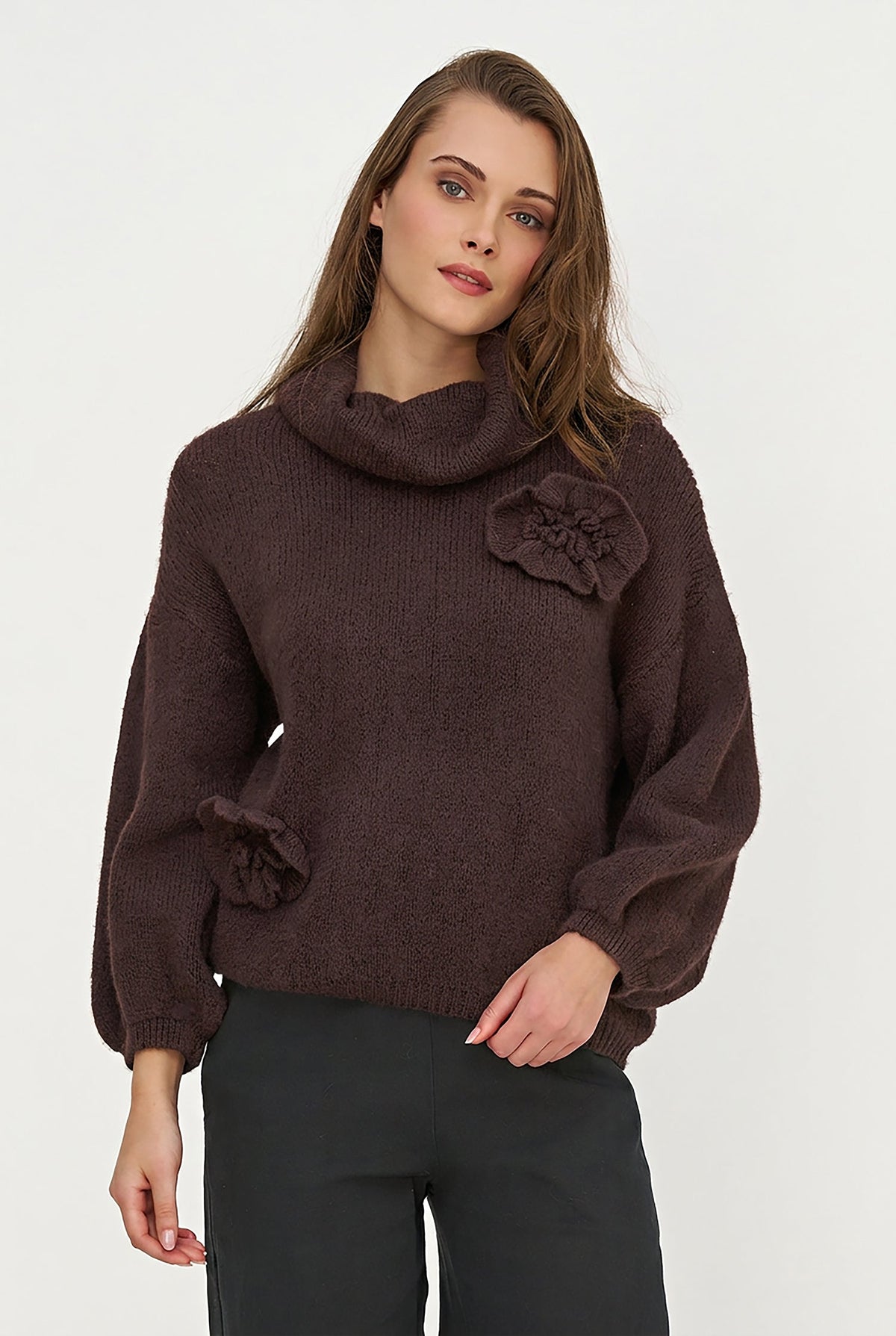 Women's Cowl Turtleneck Sweater, Long Sleeves & Flower Details