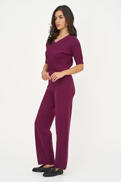 Women's Rib-Knit V-Neck Sweater with Elbow-Length Sleeves