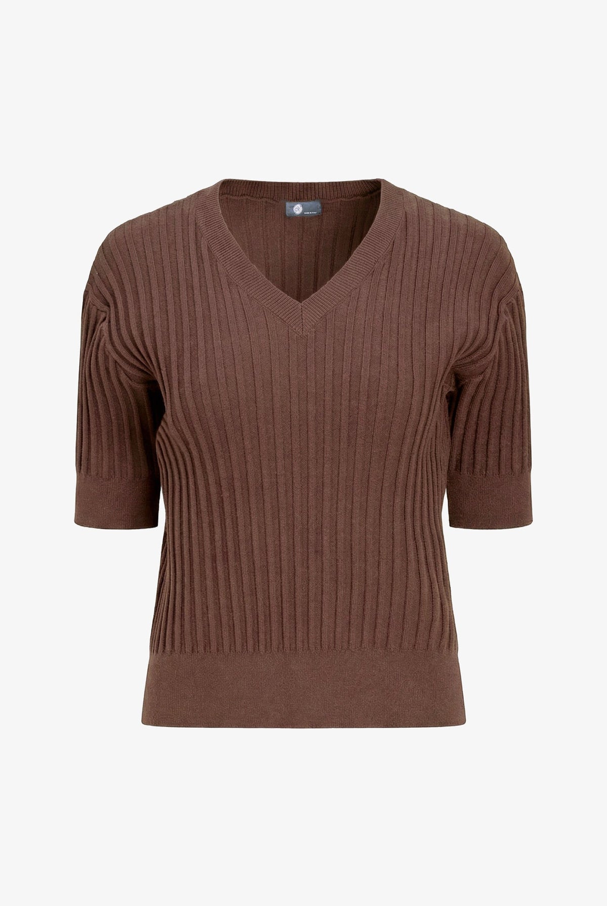 Women's Rib-Knit V-Neck Sweater with Elbow-Length Sleeves