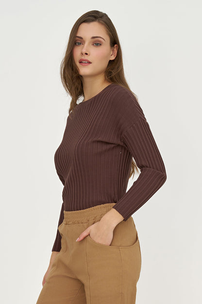 Women's Rib-Knit Crew-Neck Sweater with Long Sleeves
