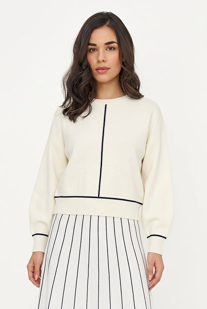 Women's Color-Block Crew-Neck Sweater, Long Sleeves & Piping