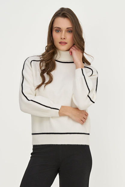 Women's Color-Block Turtleneck Sweater, Long Sleeves & Piping