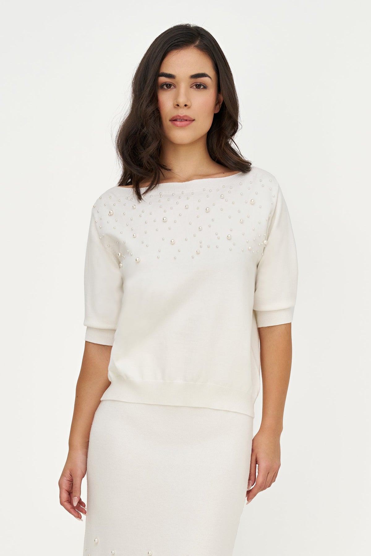 Women's Boat-Neck Sweater, Elbow-Length Sleeves & Pearl Details