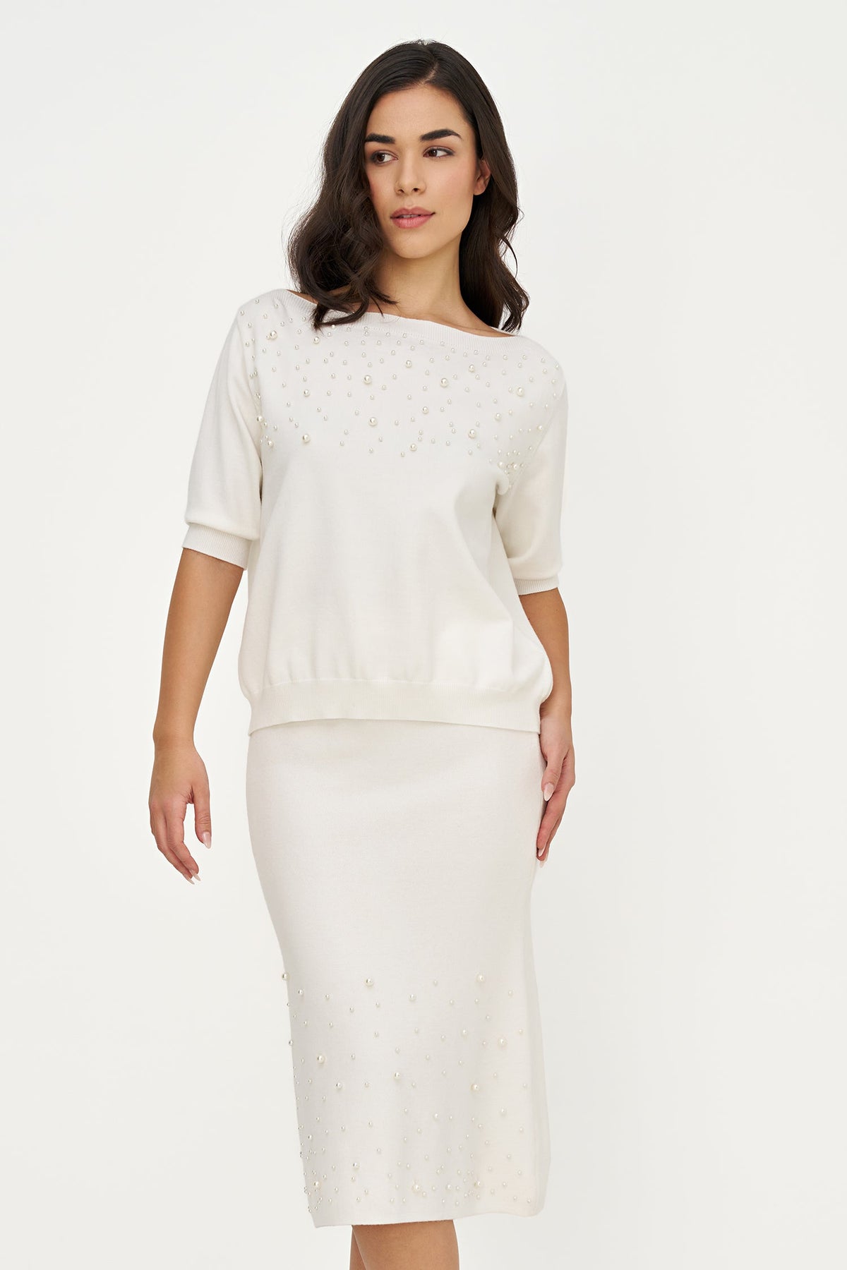 Women's Boat-Neck Sweater, Elbow-Length Sleeves & Pearl Details