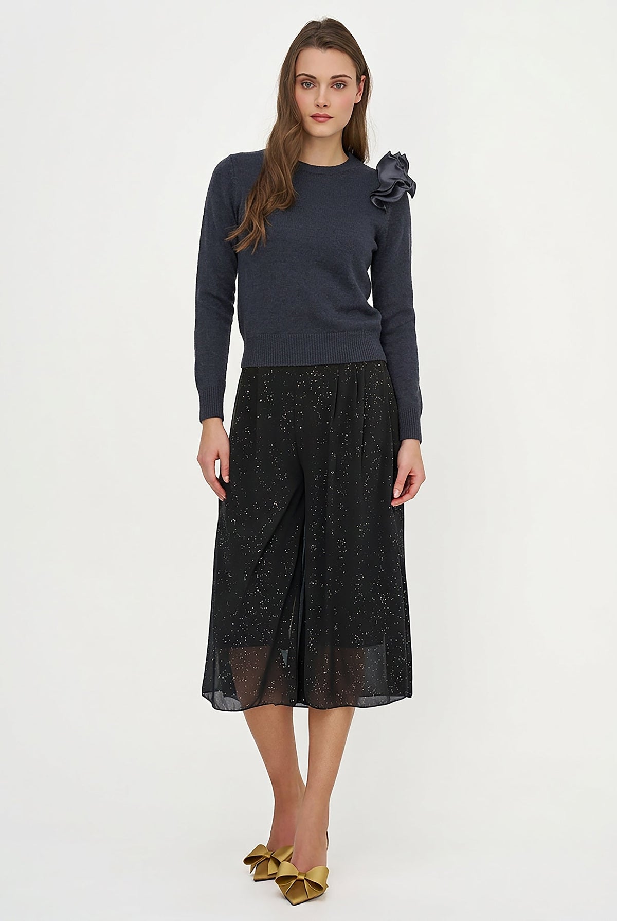 Women's Knit Crew-Neck Sweater, Long Sleeves & Organza Shoulder Ruffle