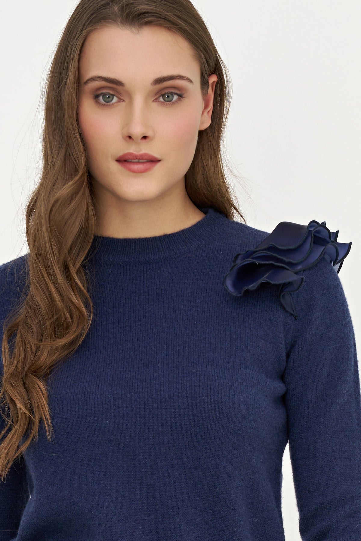 Women's Knit Crew-Neck Sweater, Long Sleeves & Organza Shoulder Ruffle