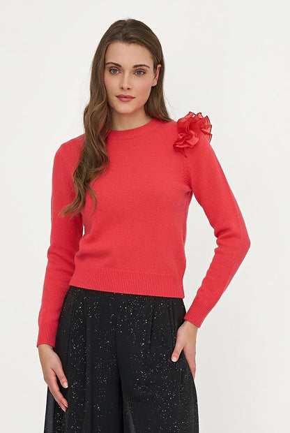 Women's Knit Crew-Neck Sweater, Long Sleeves & Organza Shoulder Ruffle