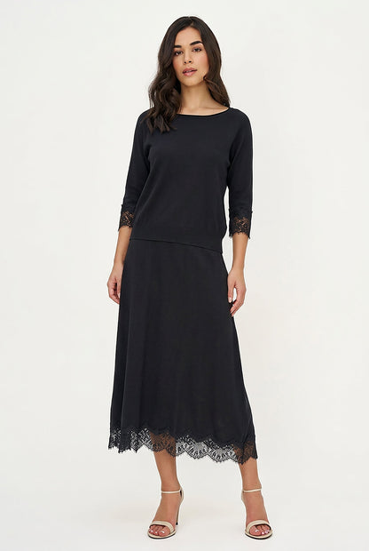 Women's Fine Knit Crew-Neck Sweater, 3/4 Raglan Sleeves & Lace Cuffs