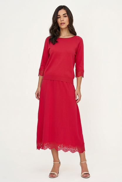 Women's Fine Knit Crew-Neck Sweater, 3/4 Raglan Sleeves & Lace Cuffs
