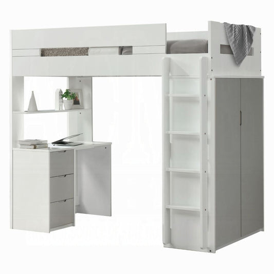 Lilo Etagen-/Hochbett mit Arbeitsplatz und Kleiderschrank – Weiß/Grau