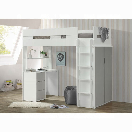 Lilo Etagen-/Hochbett mit Arbeitsplatz und Kleiderschrank – Weiß/Grau