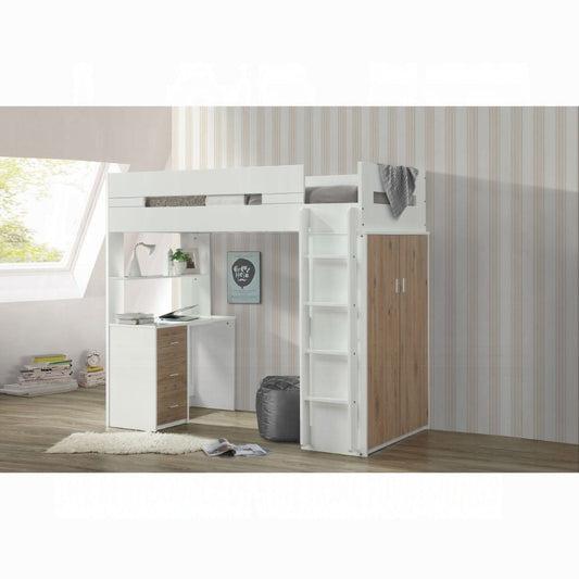 Lilo Etagen-/Hochbett mit Arbeitsplatz & Kleiderschrank – Weiß/Eiche