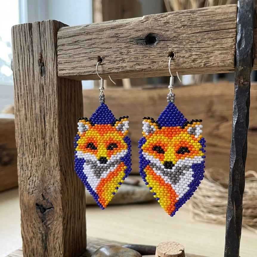 Fox Beaded Earrings (Blue)
