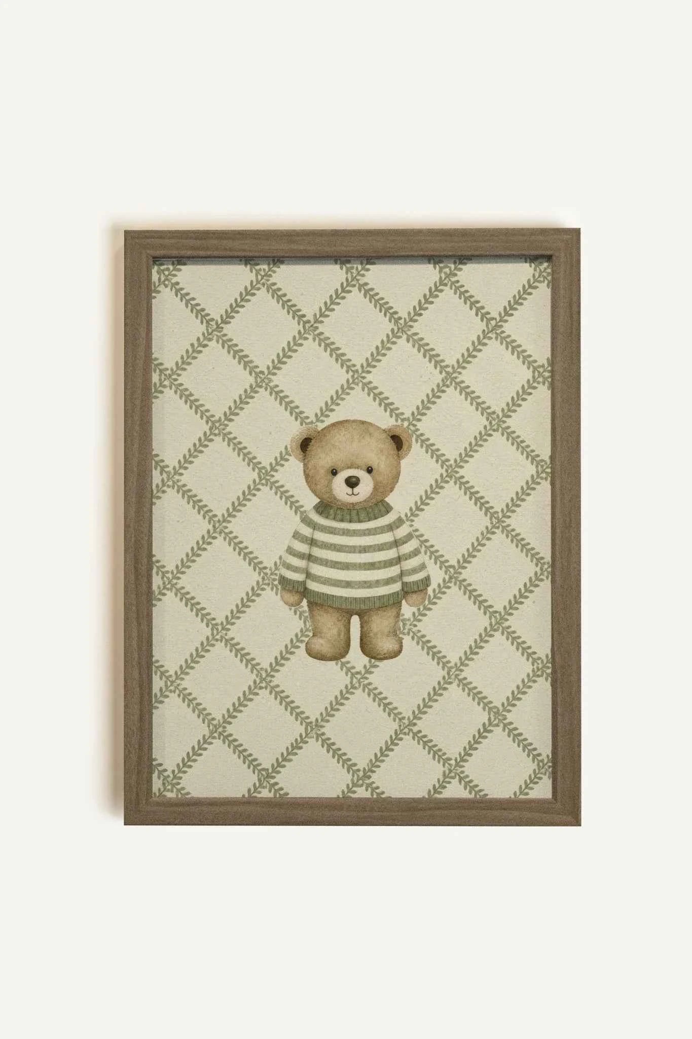 OURSON TRICOT, Oeuvre sur toile rigide, encadré brun chêne (collective)