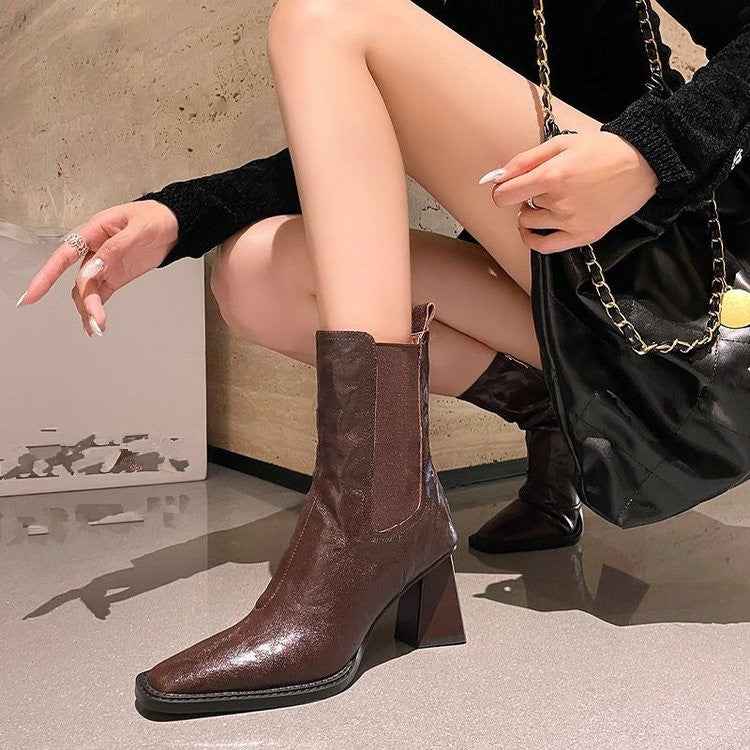 Women's Square Toe Chunky Heel Ankle Boots – European Style PU Fashion Boots