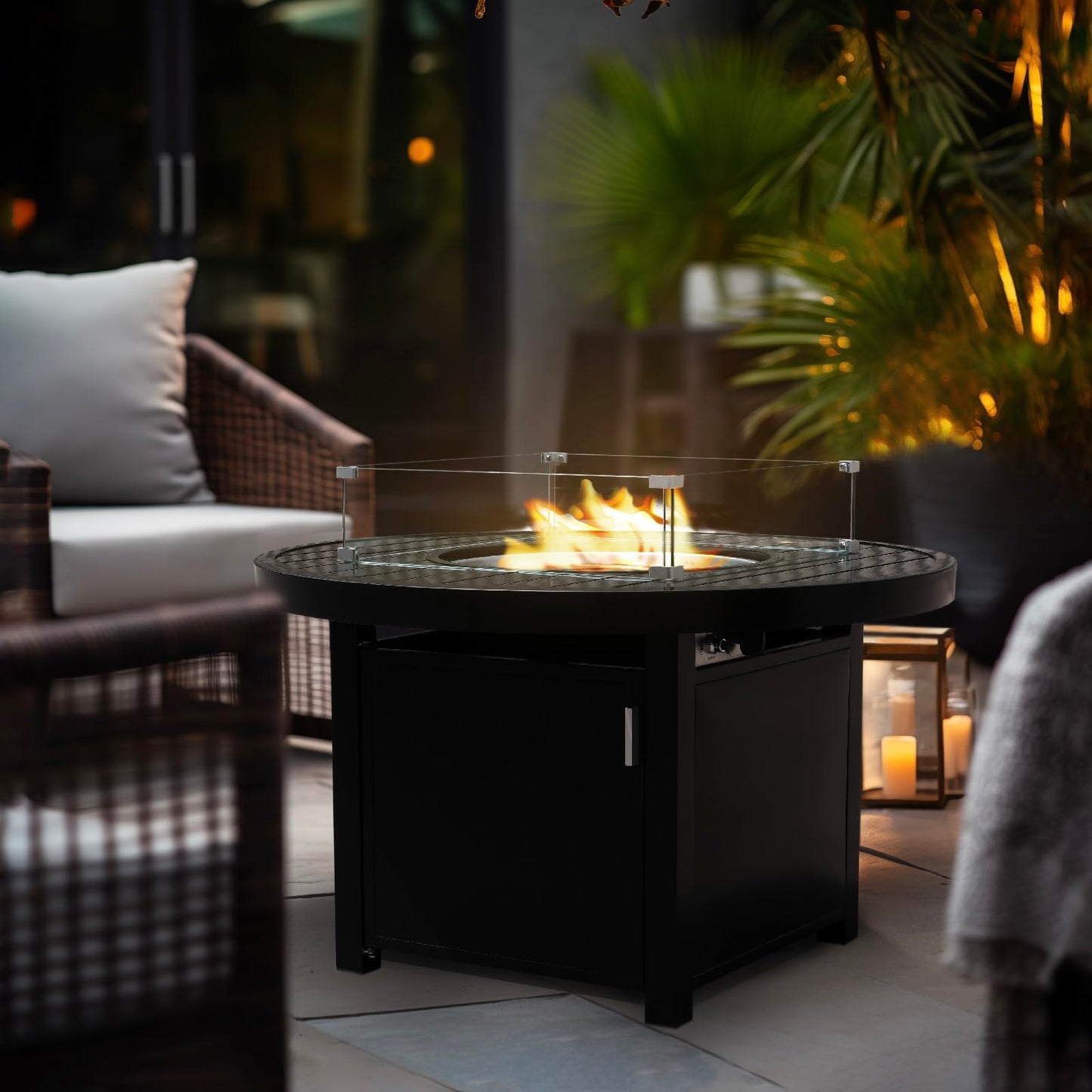 Propane FirePit Table: 50,000 BTU Aluminum Slat Top with Lid, Stainless Steel Burner, Windguard, 8KG Glass Beads, 300D PVC Cover, CSA-Listed - AURABAGS SHOP