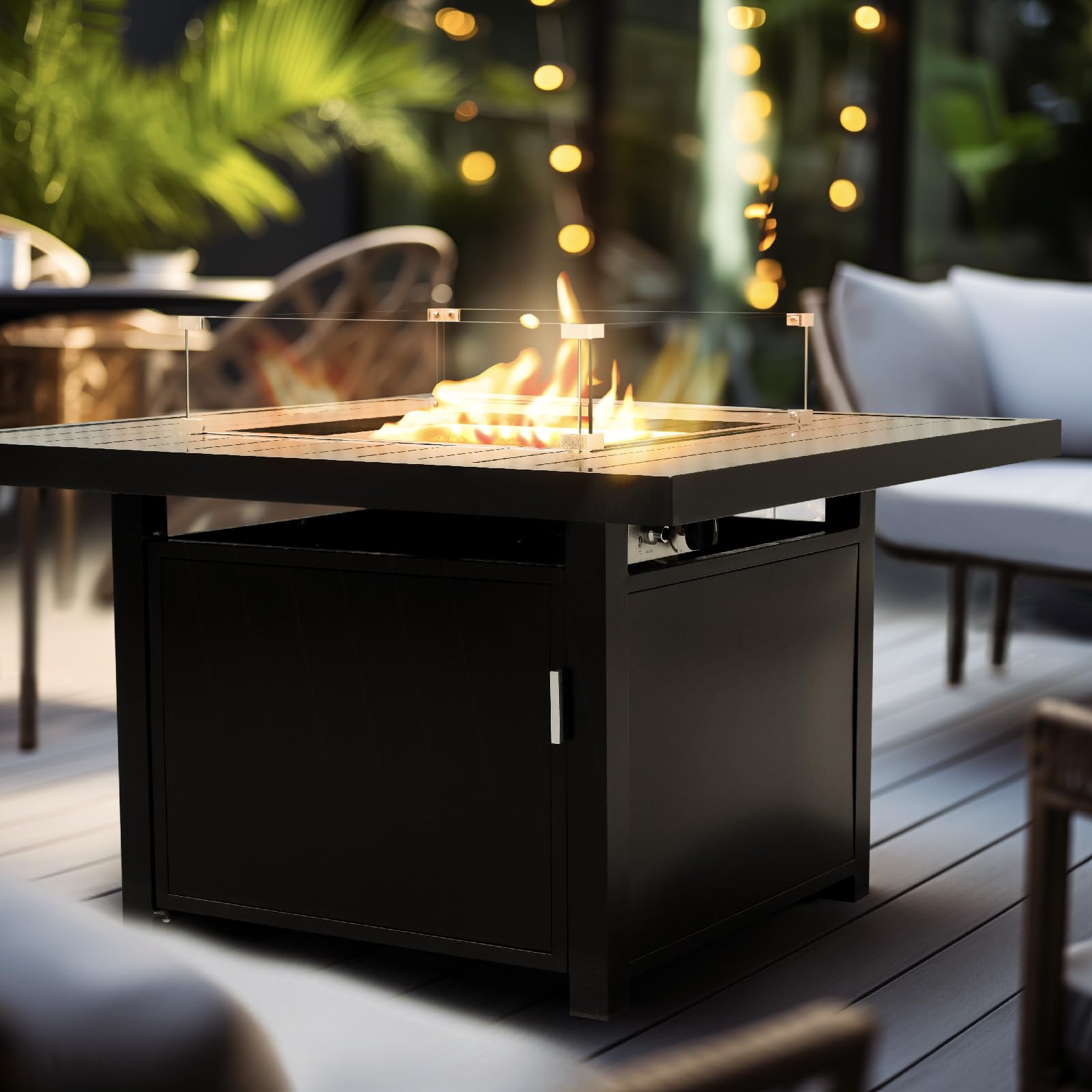 Propane FirePit Table: 50,000 BTU Aluminum Slat Top with Lid, Stainless Steel Burner, Windguard, 8KG Glass Beads, 300D PVC Cover, CSA-Listed - AURABAGS SHOP