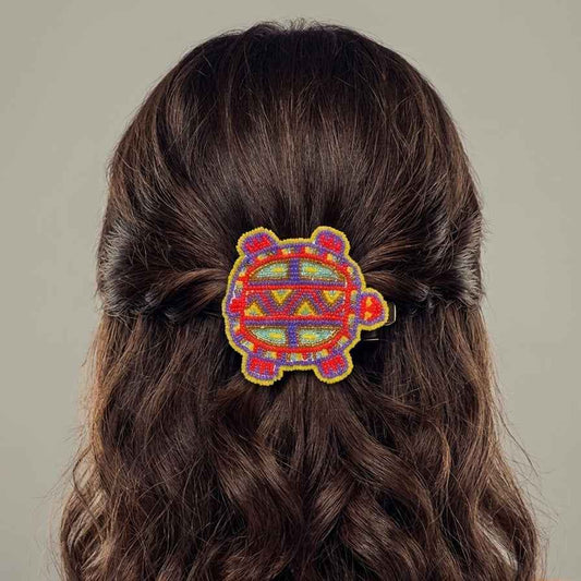 Beaded turtle Barrette Red accent