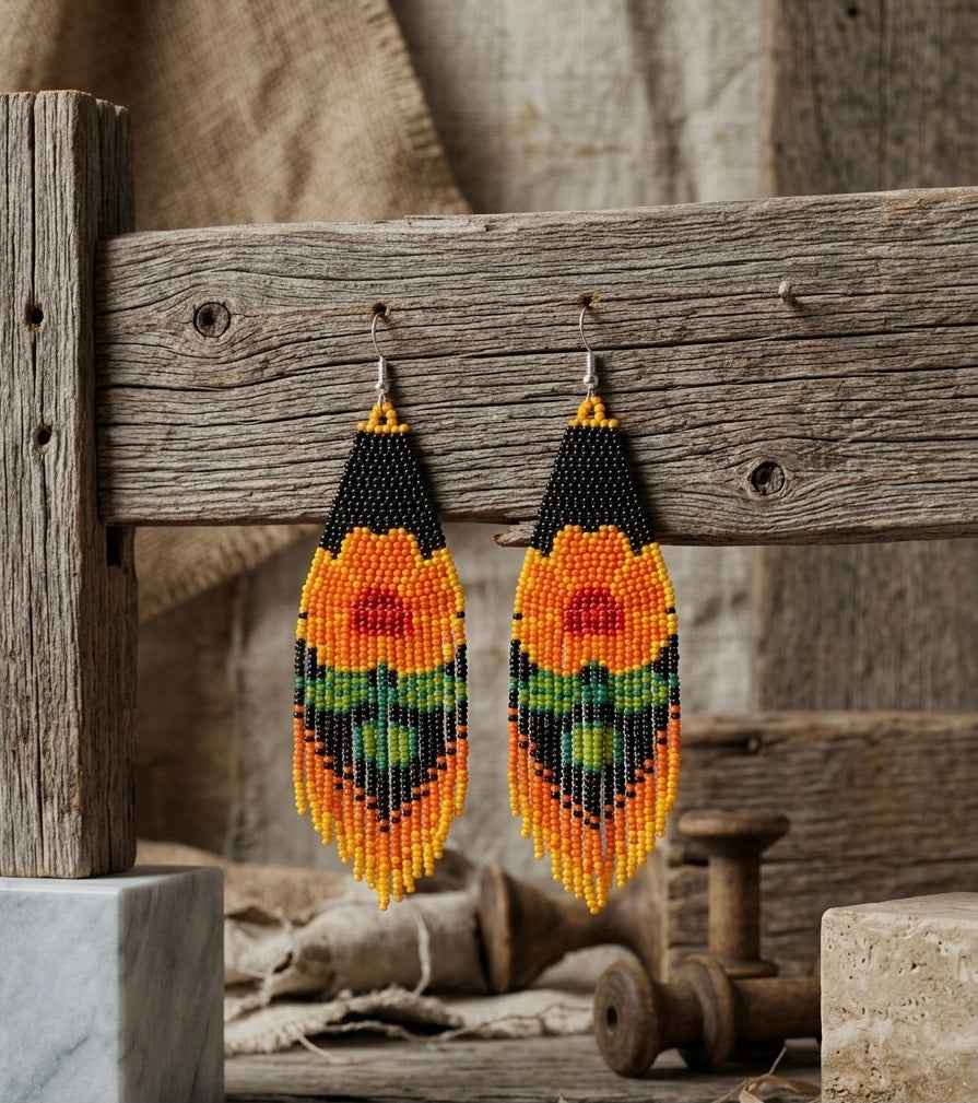 Flower Beaded Earrings ( Orange )