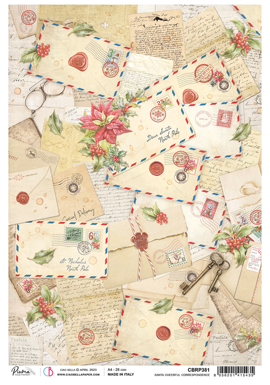 Ciao Bella Rice Paper A4 Piuma Santa Cheerful Correspondence - 5 Sheets