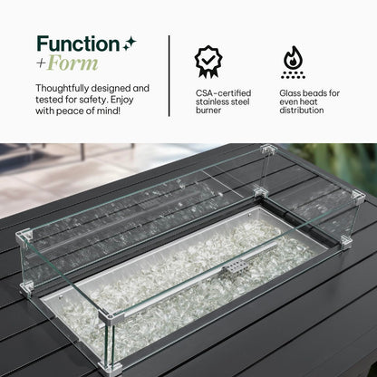 Propane FirePit Table: 50,000 BTU Aluminum Slat Top with Lid, Stainless Steel Burner, Windguard, 8KG Glass Beads, 300D PVC Cover, CSA-Listed - AURABAGS SHOP