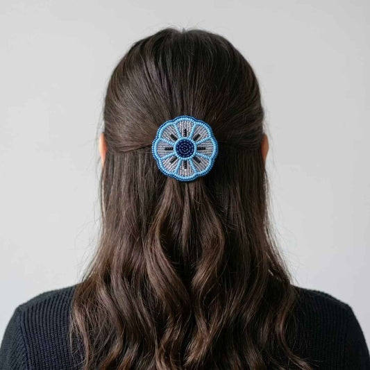 Blue Beaded Flower Barrette