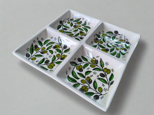 Handcrafted Ceramic Serving 4-Section Tray | For Nuts, Dips, and Appetizers | 9" by 9" size