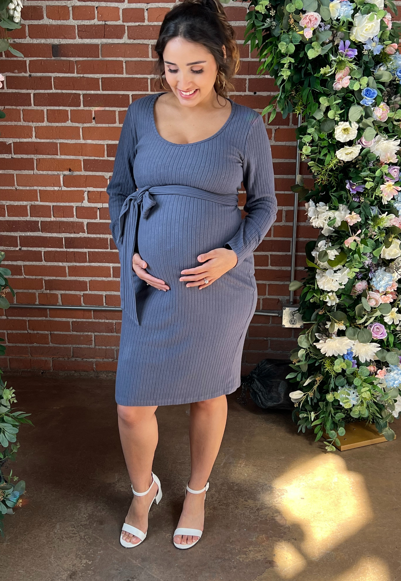 Long Sleeve Ribbed Tie Maternity Dress