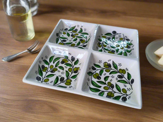 Handcrafted Ceramic Serving 4-Section Tray | For Nuts, Dips, and Appetizers | 9" by 9" size