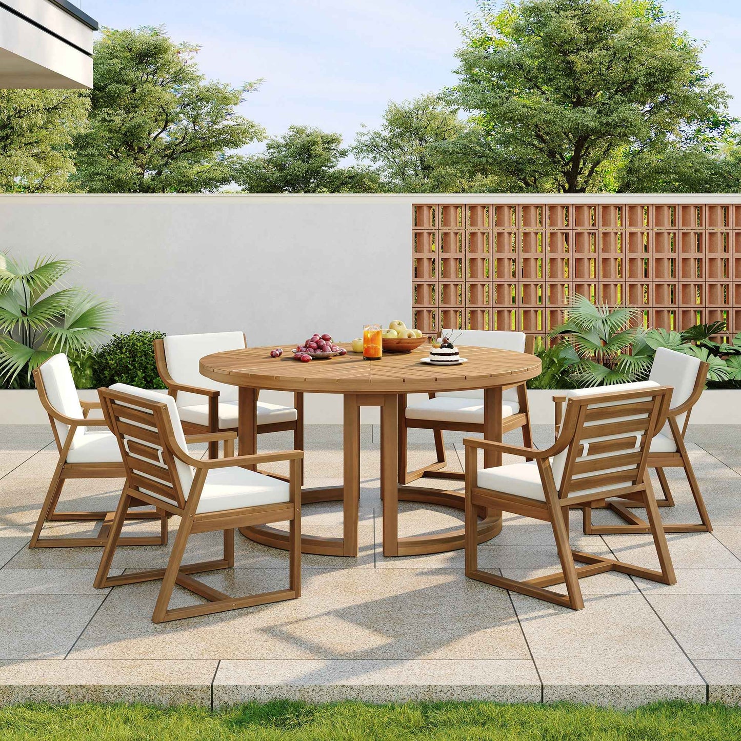 TREXM 7-Piece Outdoor Acacia Wood Dining Set for 6 – 59" Round Table with Umbrella Hole & Removable Beige Cushions, Light Teak (Deliver to United States Only)