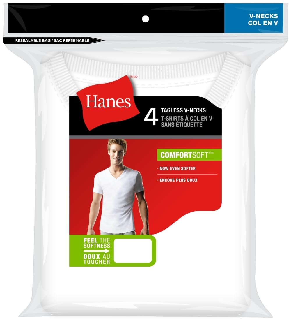 Hanes Men's Comfortsoft 4 Pack FreshIQ Cotton V-Neck T-Shirt, White, 2XL 🍁 All In One Marketplace Canada
