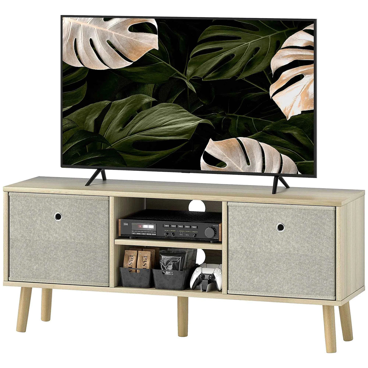 Natural Modern TV Stand Cabinet – Media Console with Foldable Drawers & Storage Shelves (United States & Canada Delivery Only)