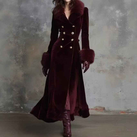Women’s Retro Fur-Trimmed Waist-Cinching Coat – Solid Color Single-Breasted Winter Jacket
