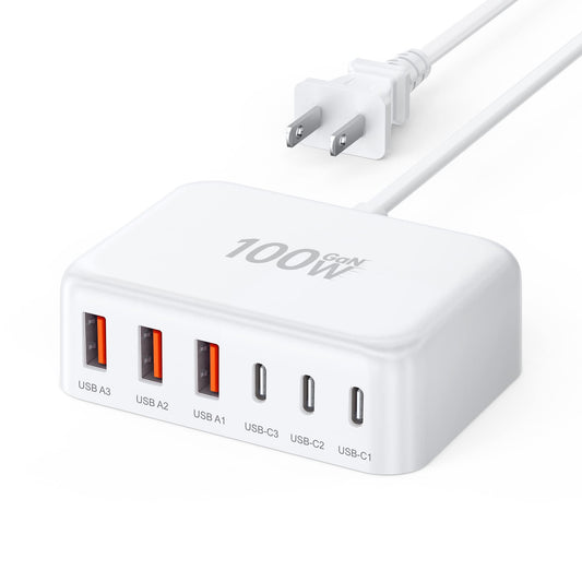 USB C Charger Block, 100W 6 Port PD USB C Charging Station and QC USB A Wall Charger Block Cube, Type C Charging Hub for iPhone 17 16 15 14 13 12 Pro Max iPad Galaxy S25 Pixel, 5ft Extension Cord 🍁 All In One Marketplace Canada