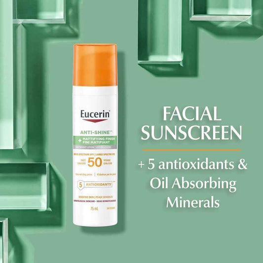Eucerin Sun Anti-Shine Control Face Sunscreen SPF 50, Daily Face Sunscreen SPF 50 with 5 Antioxidants, Mattifying Body SPF 50 Lotion with UVA-UVB Sun Protection, Ideal for oily and acne prone skin, Fragrance Free & Non Greasy, 75 ml Pump