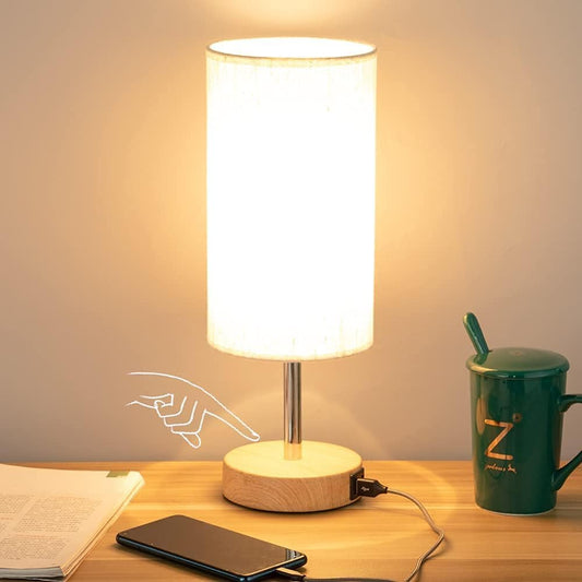 Yarra-Decor Bedside Table Lamp with USB Port - Touch Control for Bedroom Wood 3 Way Dimmable Nightstand Lamp with Round Flaxen Fabric Shade for Living Room, Dorm, Home Office (LED Bulb Included) 🍁 All In One Marketplace Canada