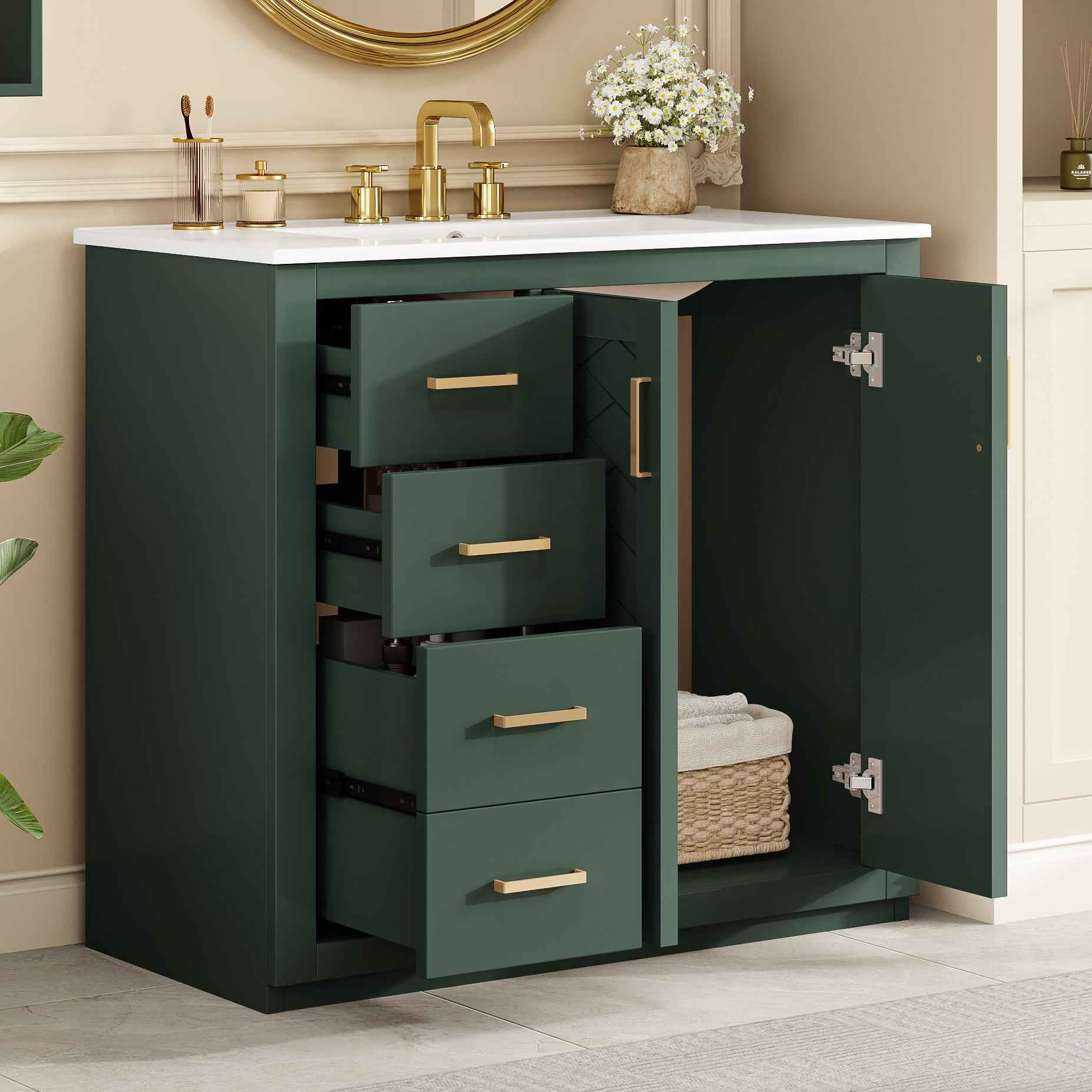 36" Green Bathroom Vanity with Ceramic Sink – Freestanding Cabinet with 3 Drawers