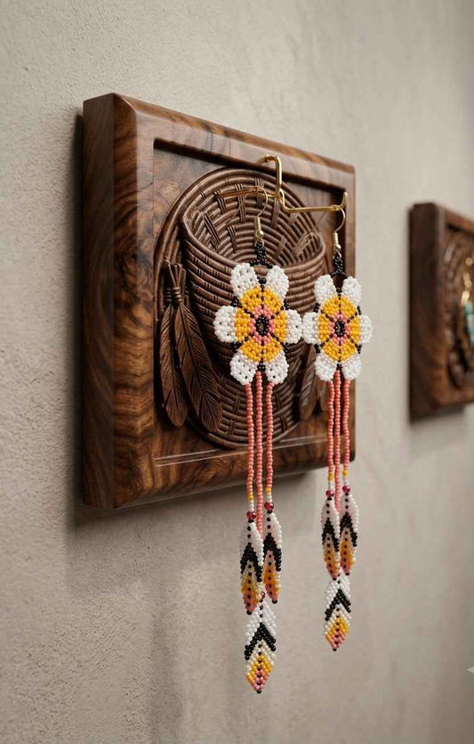 Sun Feather Bloom Beaded Earrings yellow/ white/ peach