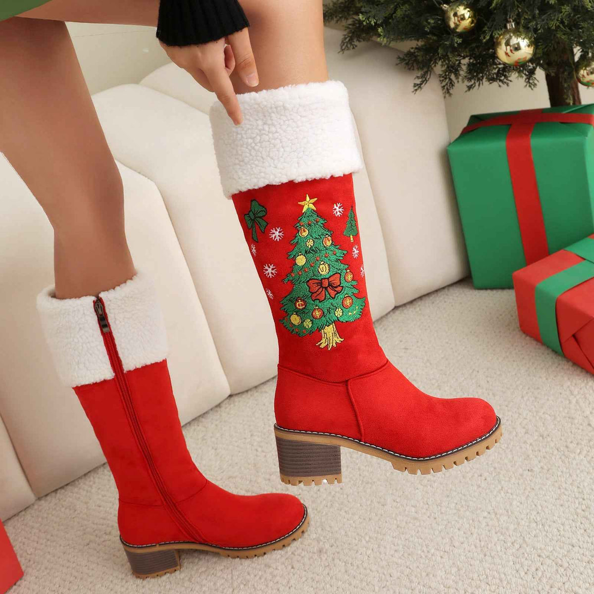 Women's Holiday Suede High Boots – Christmas Tree Embroidery Over-the-Knee Boots