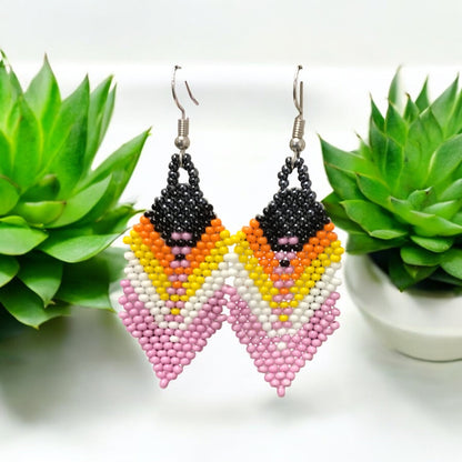 OldTribes™ pink and black Beaded Feather Drop Earrings